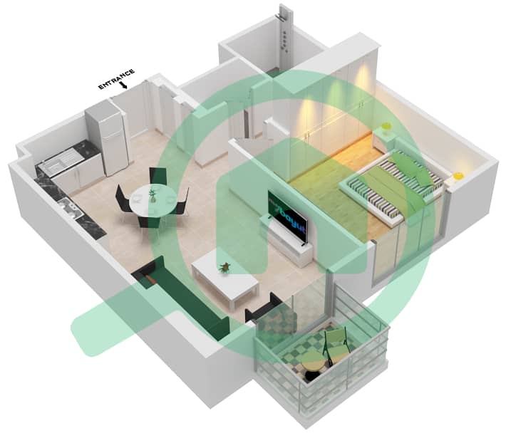 المخططات الطابقية لتصميم الوحدة 112-113,8-10,13-14 شقة 1 غرفة نوم - جولف سويتس interactive3D
