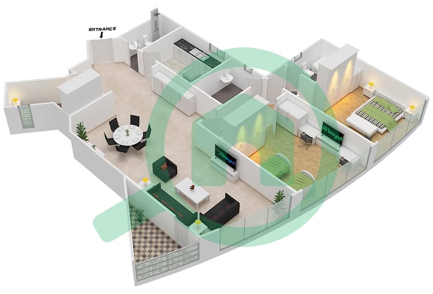 المخططات الطابقية لتصميم الوحدة 6 شقة 2 غرفة نوم - برج المستقبل 2 interactive3D