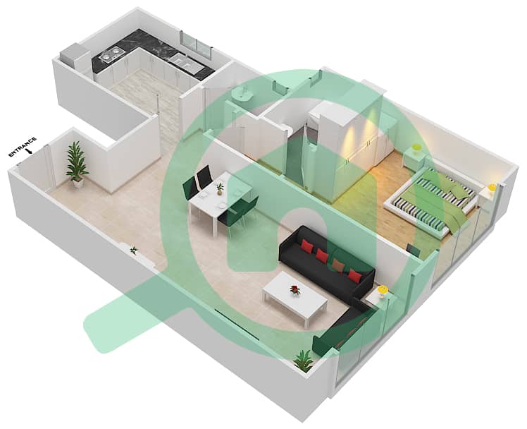 المخططات الطابقية لتصميم الوحدة 10 شقة 1 غرفة نوم - برج المستقبل 2 interactive3D