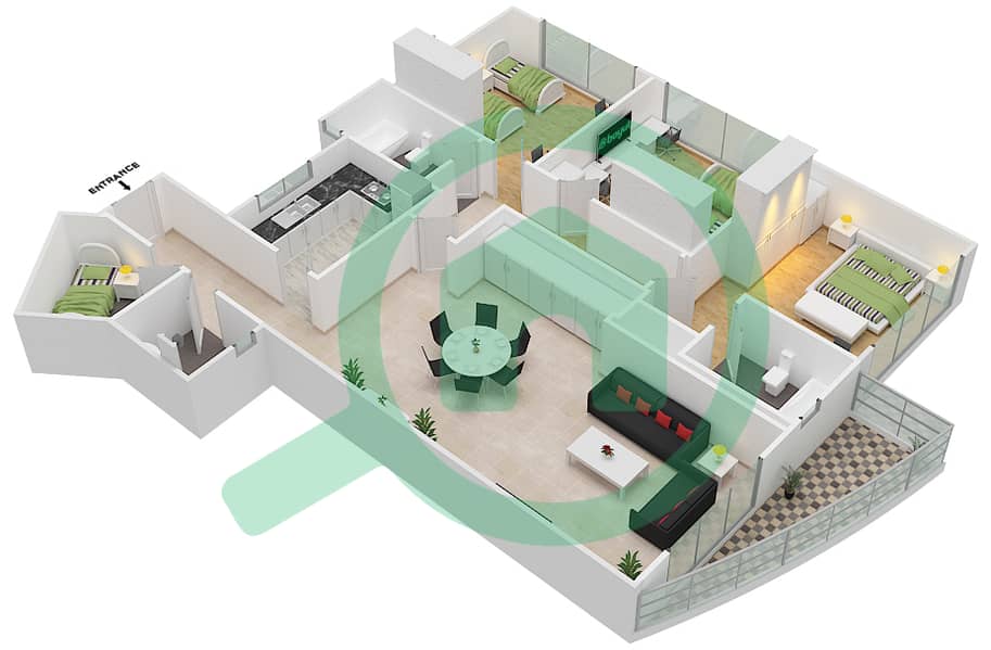 المخططات الطابقية لتصميم الوحدة 8 شقة 3 غرف نوم - برج المستقبل 2 interactive3D