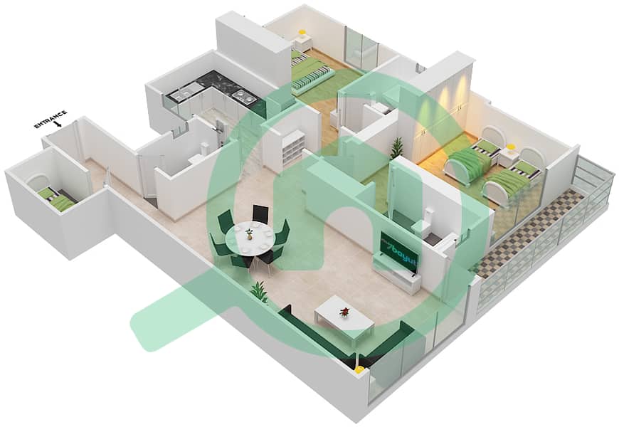 Future Tower 3 - 2 Bedroom Apartment Unit 1 Floor plan interactive3D