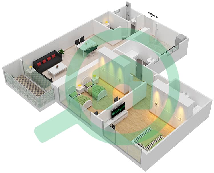 المخططات الطابقية لتصميم الوحدة 5 شقة 2 غرفة نوم - برج المستقبل 3 interactive3D