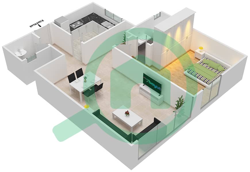 Фьючер Тауэр 3 - Апартамент 1 Спальня планировка Единица измерения 7 interactive3D