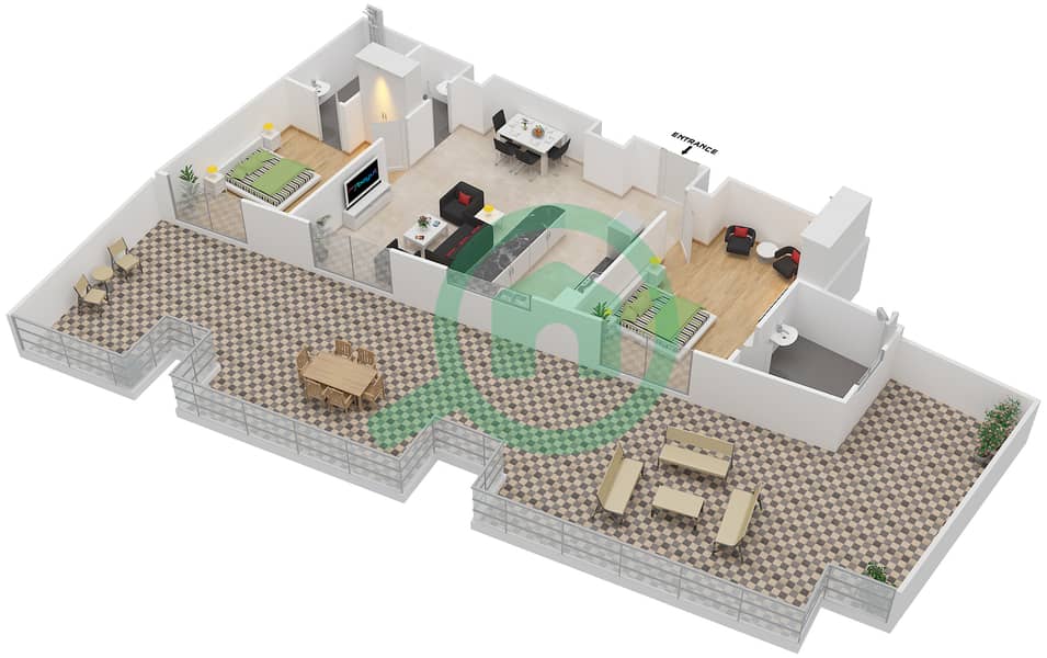Жоя Верде Резиденсес - Апартамент 2 Cпальни планировка Тип/мера 7 UNIT 405 Floor 4 interactive3D