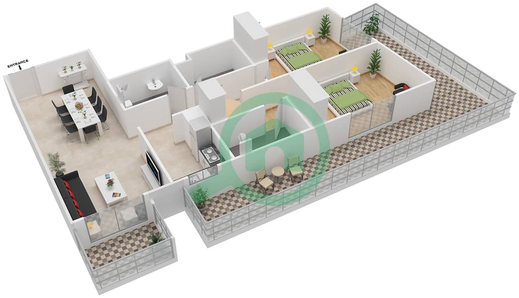 Жоя Верде Резиденсес - Апартамент 2 Cпальни планировка Тип/мера 2 UNIT 109 Floor 1 interactive3D