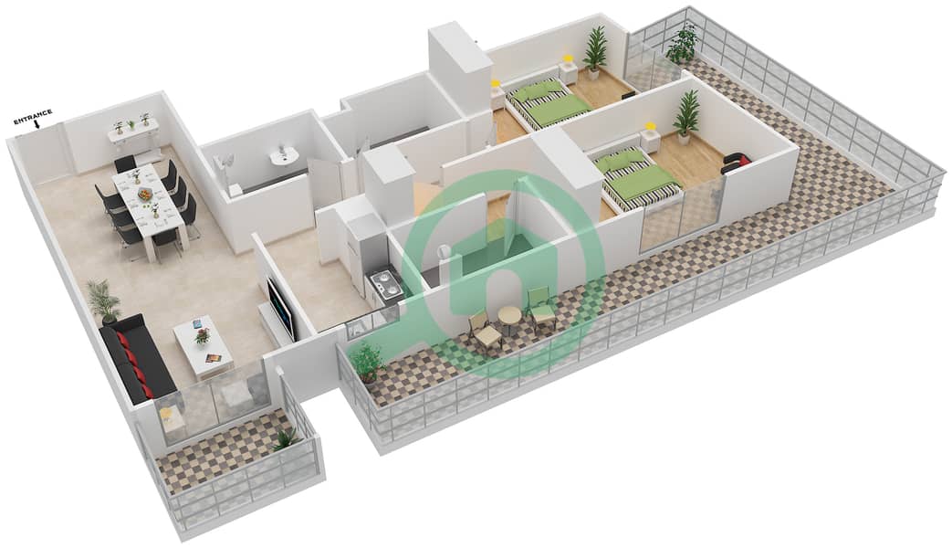 المخططات الطابقية لتصميم النموذج / الوحدة 2 UNIT 109 شقة 2 غرفة نوم - جويا فيردي ريزيدنس Floor 1 interactive3D