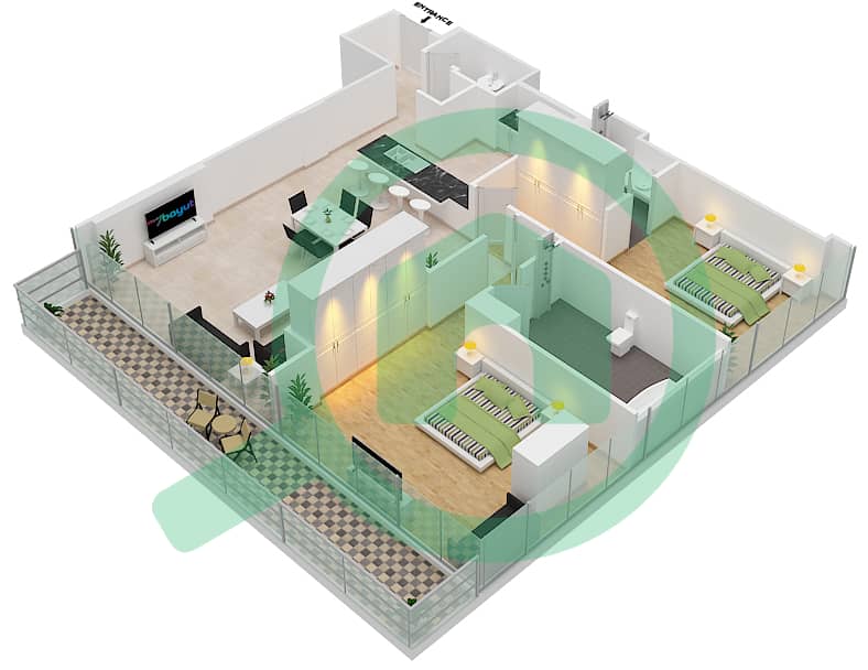 Marina Gate 1 - 2 Bedroom Apartment Type 2A Floor plan interactive3D