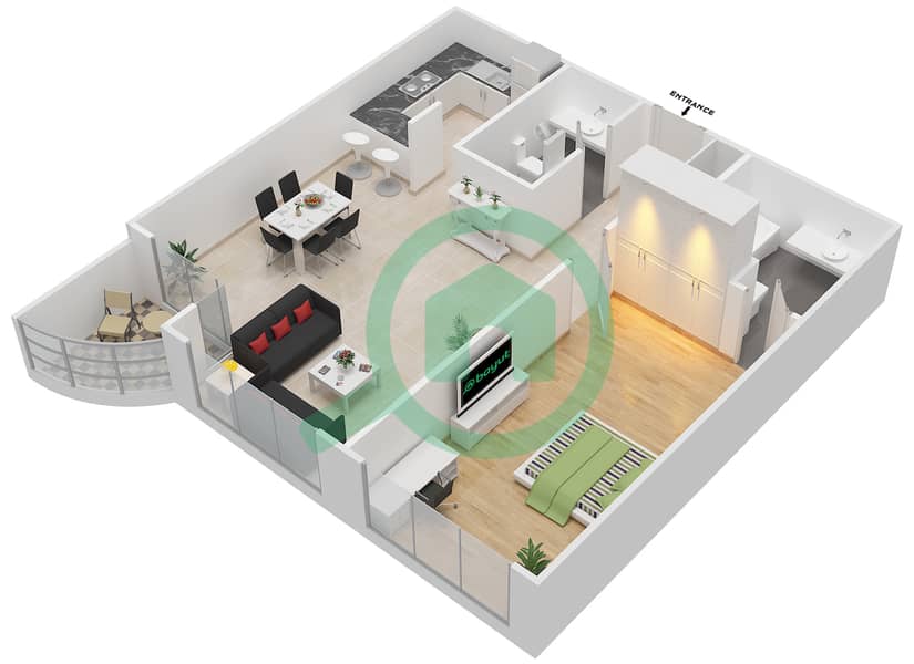 肯辛顿庄园住宅楼 - 1 卧室公寓类型1戶型图 interactive3D