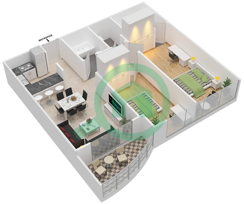 Кенсингтон Мэнор - Апартамент 2 Cпальни планировка Тип 3 interactive3D