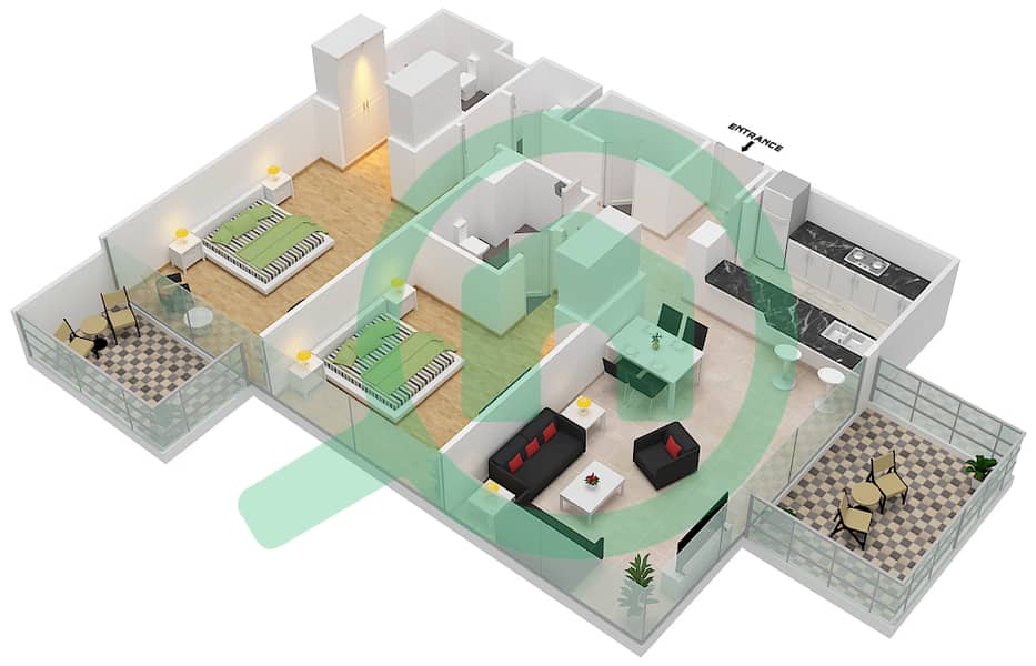 Gateway Residence - 2 Bedroom Apartment Type A Floor plan interactive3D