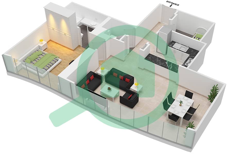 المخططات الطابقية لتصميم الوحدة 17 شقة 1 غرفة نوم - برج ليف interactive3D