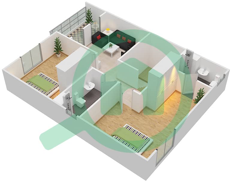 المخططات الطابقية لتصميم النموذج B فیلا 2 غرفة نوم - منازل الريف 2 interactive3D