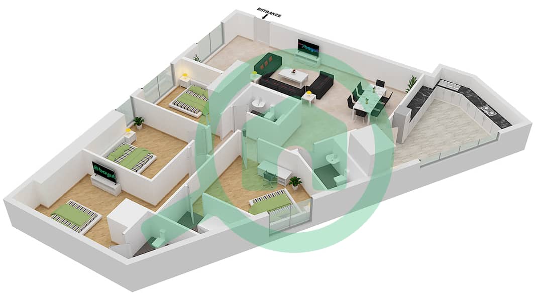 المخططات الطابقية لتصميم الوحدة 104 شقة 4 غرف نوم - برج كونكورير Floor 2-27 interactive3D