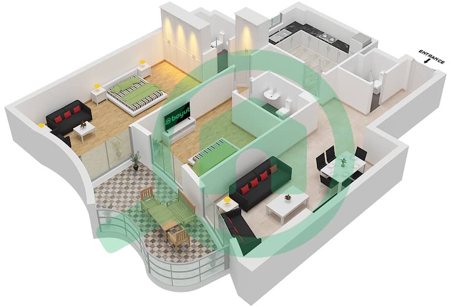 المخططات الطابقية لتصميم الوحدة 1 شقة 2 غرفة نوم - برج كونكورير Floor 2-27 interactive3D