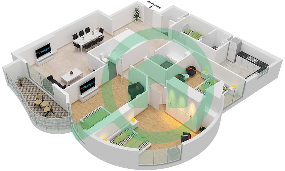 المخططات الطابقية لتصميم الوحدة 3 شقة 3 غرف نوم - برج كونكورير Floor 2-27 interactive3D