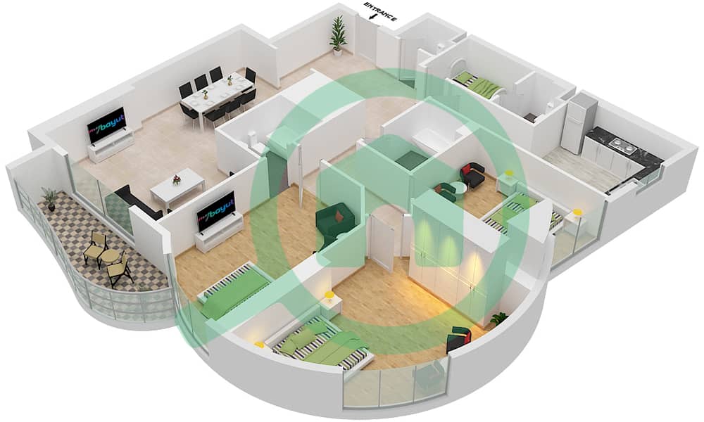 征服者大厦 - 3 卧室公寓单位3戶型图 Floor 2-27 interactive3D