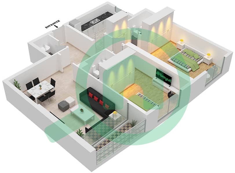 المخططات الطابقية لتصميم الوحدة 4 شقة 2 غرفة نوم - برج كونكورير Floor 2-27 interactive3D