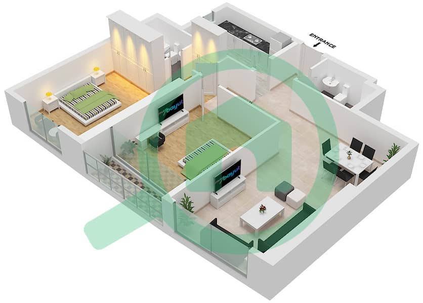المخططات الطابقية لتصميم الوحدة 5 شقة 2 غرفة نوم - برج كونكورير Floor 2-27 interactive3D