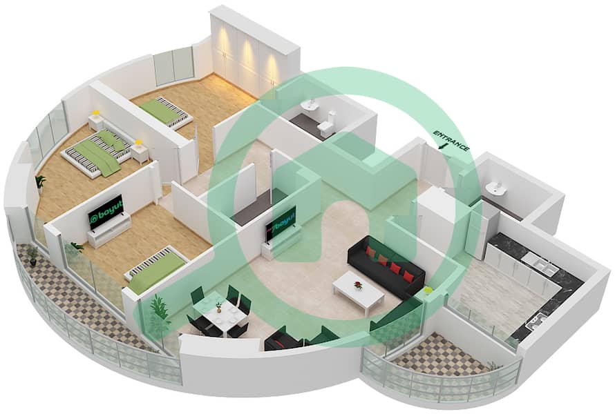 المخططات الطابقية لتصميم الوحدة 6 شقة 3 غرف نوم - برج كونكورير Floor 2-27 interactive3D