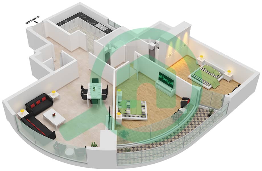 المخططات الطابقية لتصميم الوحدة 7 شقة 2 غرفة نوم - برج كونكورير Floor 2-27 interactive3D