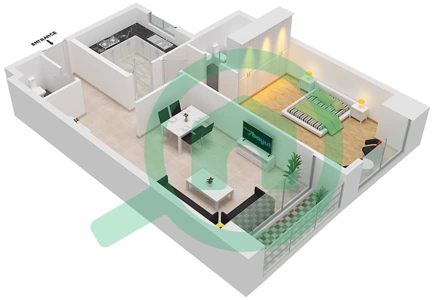 المخططات الطابقية لتصميم الوحدة 9 شقة 1 غرفة نوم - برج كونكورير Floor 2-27 interactive3D