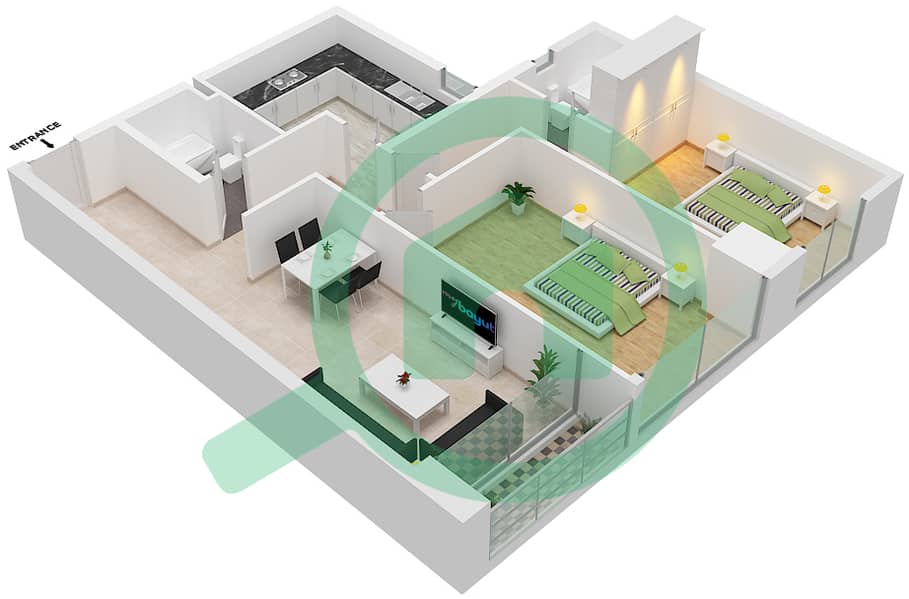 المخططات الطابقية لتصميم الوحدة 10 شقة 2 غرفة نوم - برج كونكورير Floor 2-27 interactive3D