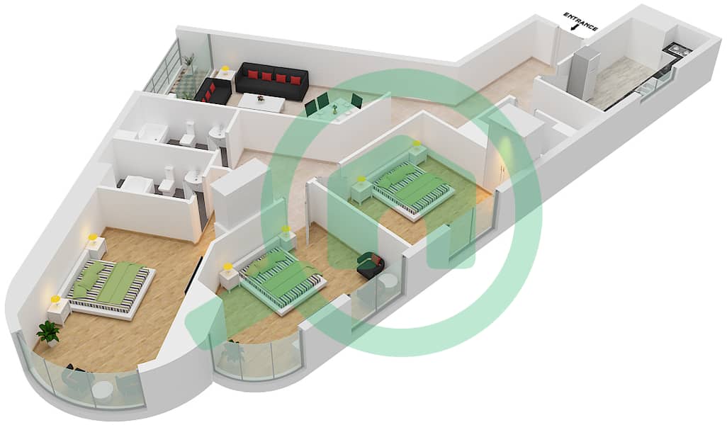 المخططات الطابقية لتصميم الوحدة 11 شقة 3 غرف نوم - برج كونكورير Floor 2-27 interactive3D