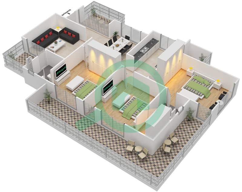 Binghatti Venus - 3 Bedroom Apartment Type A Floor plan interactive3D