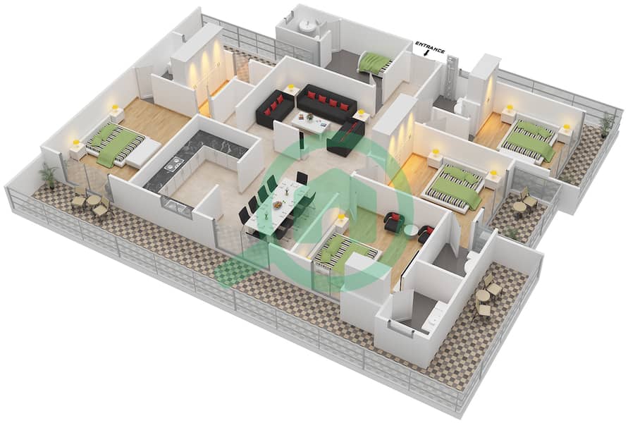 المخططات الطابقية لتصميم النموذج B شقة 4 غرف نوم - بن غاطي فينوس interactive3D