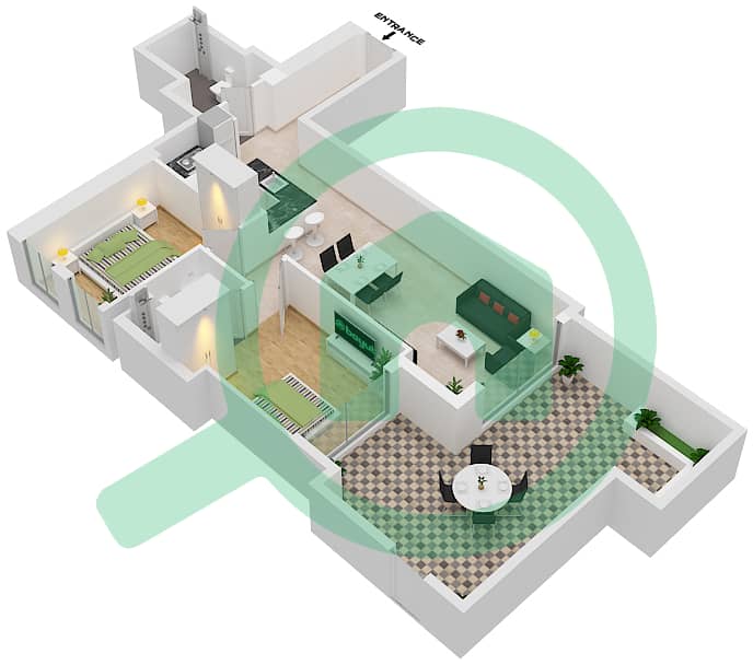 المخططات الطابقية لتصميم النموذج 2D GROUND FLOOR شقة 2 غرفة نوم - برج استوديو ون Ground Floor interactive3D