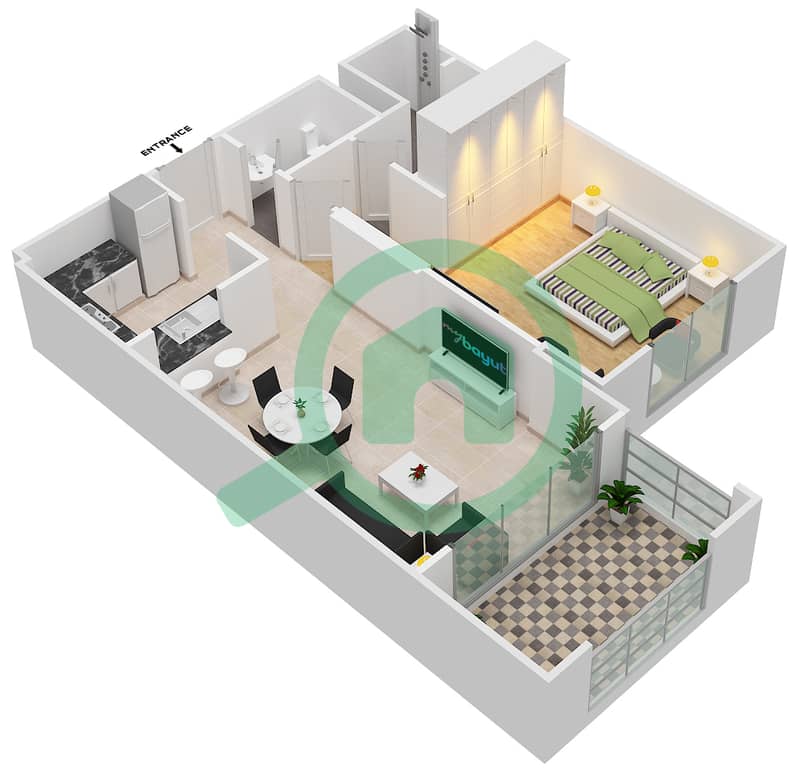 المخططات الطابقية لتصميم النموذج A شقة 1 غرفة نوم - مساكن ميراج 3 interactive3D