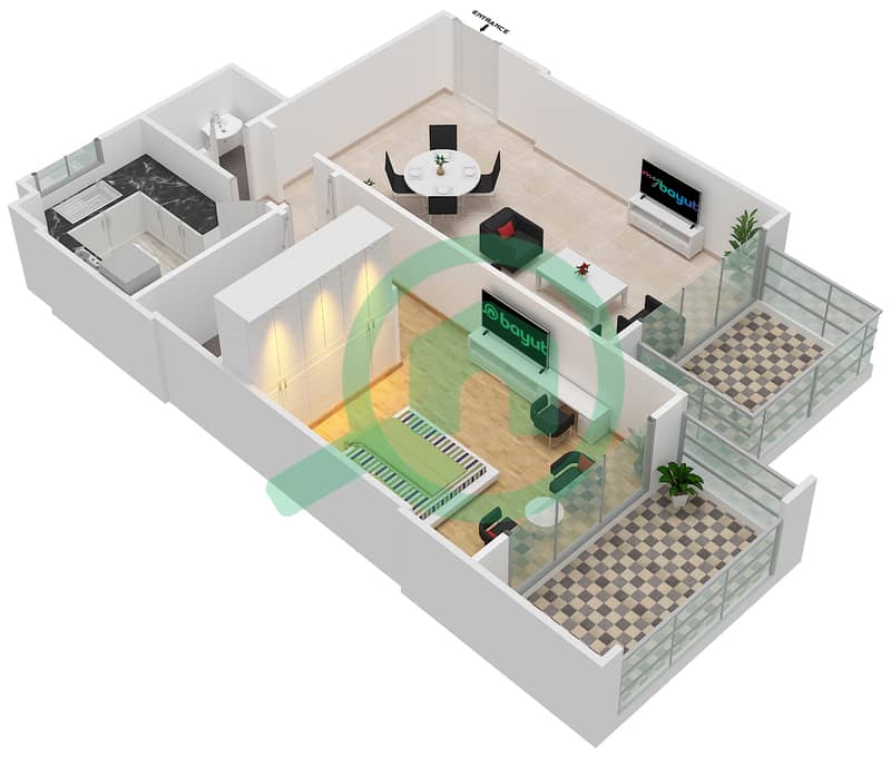 المخططات الطابقية لتصميم النموذج B شقة 1 غرفة نوم - مساكن ميراج 3 interactive3D