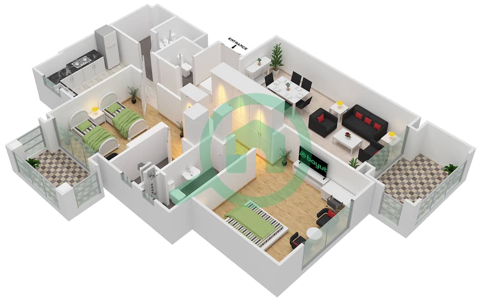 المخططات الطابقية لتصميم النموذج C شقة 2 غرفة نوم - مساكن ميراج 3 interactive3D