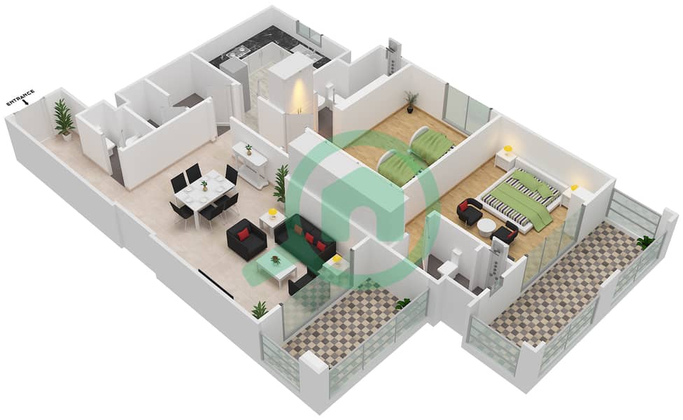 المخططات الطابقية لتصميم النموذج D شقة 2 غرفة نوم - مساكن ميراج 3 interactive3D