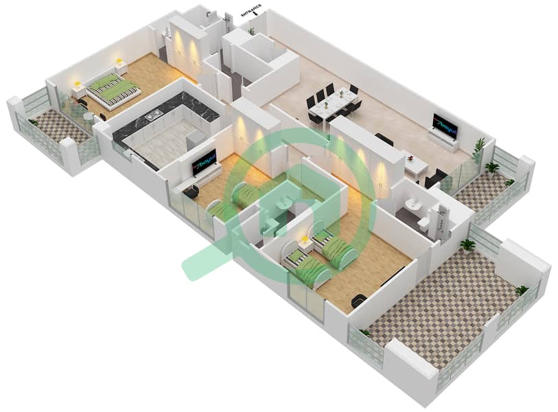المخططات الطابقية لتصميم النموذج E شقة 3 غرف نوم - مساكن ميراج 3 interactive3D