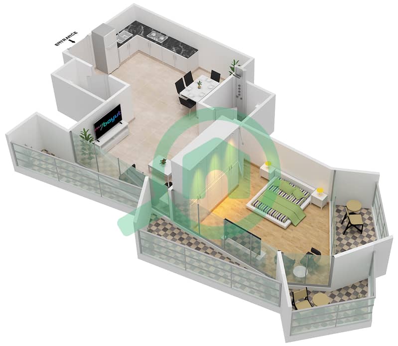 المخططات الطابقية لتصميم النموذج A شقة 1 غرفة نوم - ميلينيوم بن غاطي ريزيدنسز interactive3D