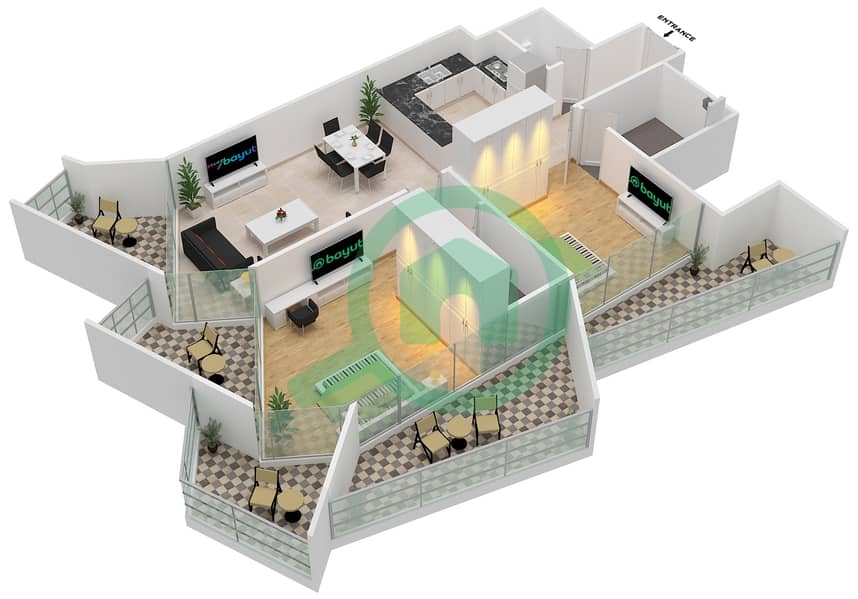 Millennium Binghatti Residences - 2 Bedroom Apartment Type B Floor plan interactive3D