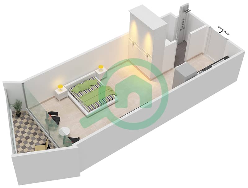 المخططات الطابقية لتصميم النموذج C شقة 1 غرفة نوم - ميلينيوم بن غاطي ريزيدنسز interactive3D