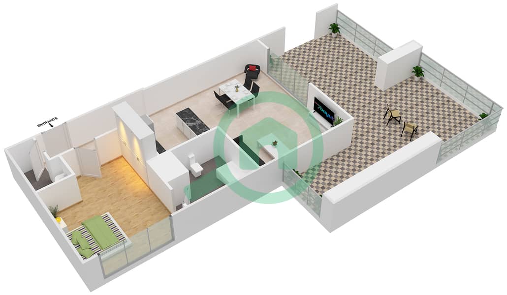المخططات الطابقية لتصميم النموذج C شقة 1 غرفة نوم - الواحة ريزيدنس 1 interactive3D