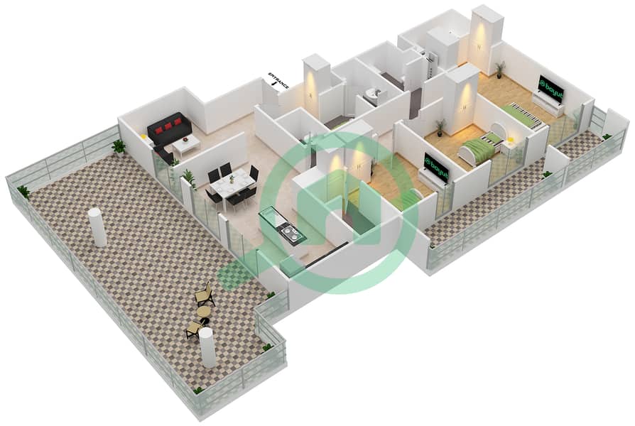 المخططات الطابقية لتصميم النموذج B بنتهاوس 3 غرف نوم - الواحة ريزيدنس 1 interactive3D