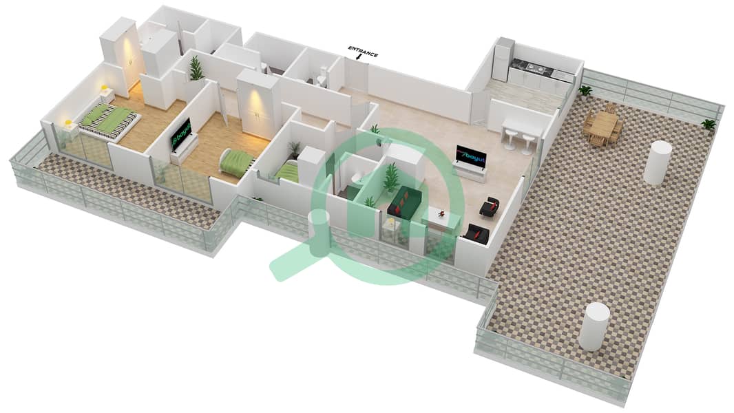 المخططات الطابقية لتصميم النموذج C بنتهاوس 2 غرفة نوم - الواحة ريزيدنس 1 interactive3D