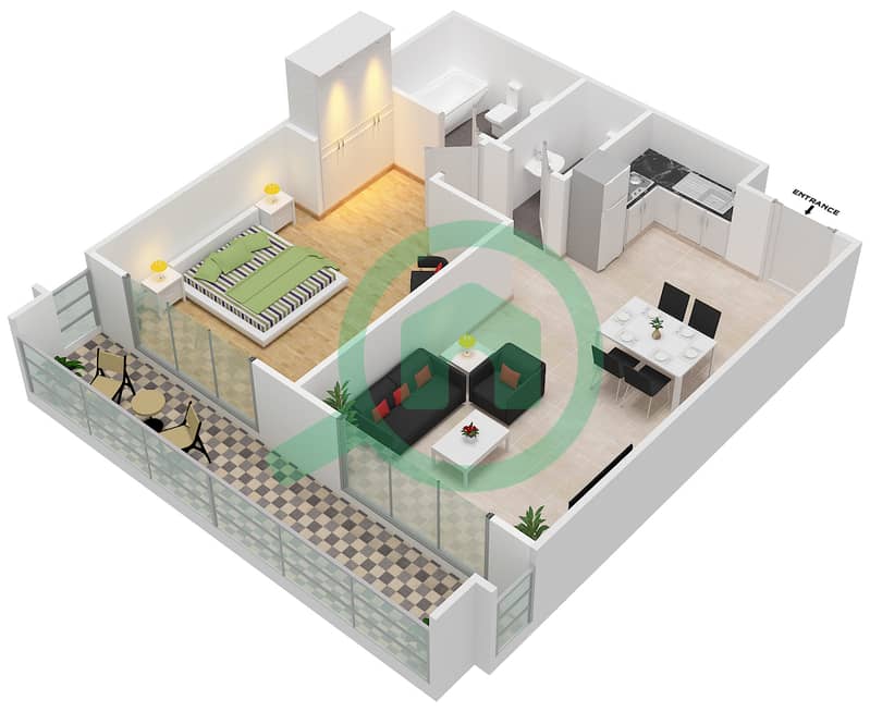 Oasis Residences One - 1 Bedroom Apartment Type B Floor plan interactive3D
