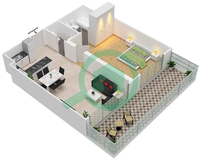 Oasis Residences One - 1 Bedroom Apartment Type A Floor plan interactive3D