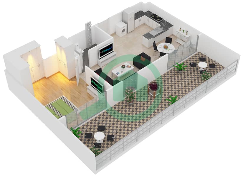 المخططات الطابقية لتصميم النموذج 8 شقة 1 غرفة نوم - بلجرافيا 3 interactive3D