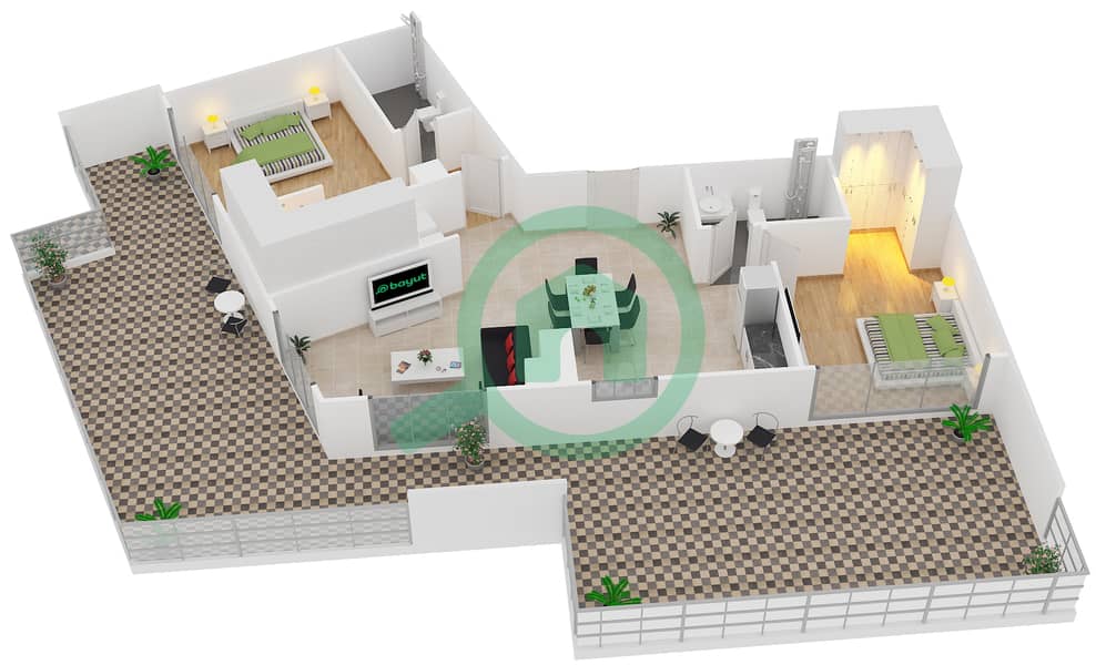 المخططات الطابقية لتصميم النموذج 8 شقة 2 غرفة نوم - بلجرافيا 3 interactive3D
