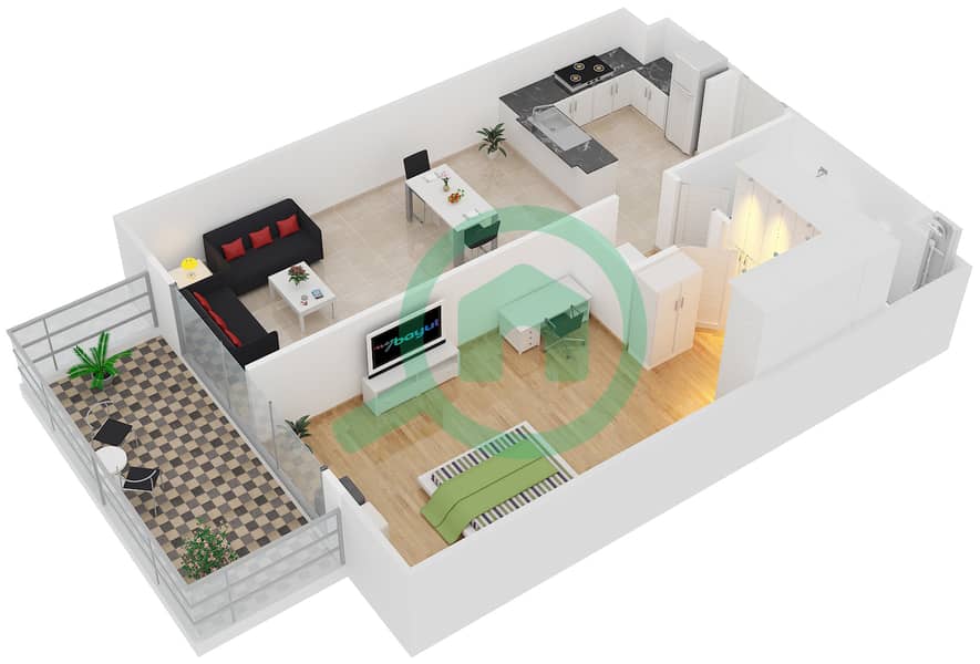 المخططات الطابقية لتصميم النموذج 1 شقة 1 غرفة نوم - بلجرافيا 3 interactive3D