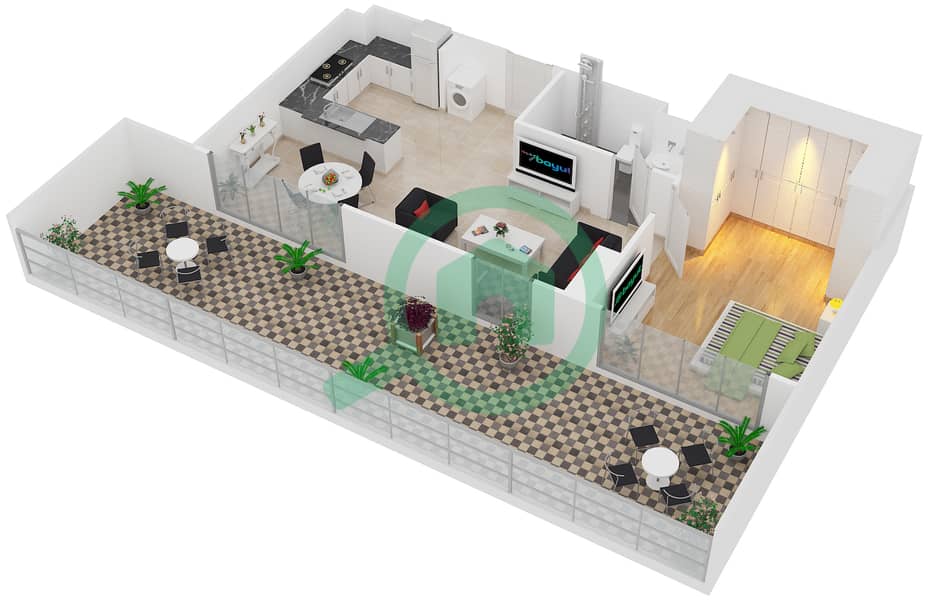 المخططات الطابقية لتصميم النموذج 7 شقة 1 غرفة نوم - بلجرافيا 3 interactive3D