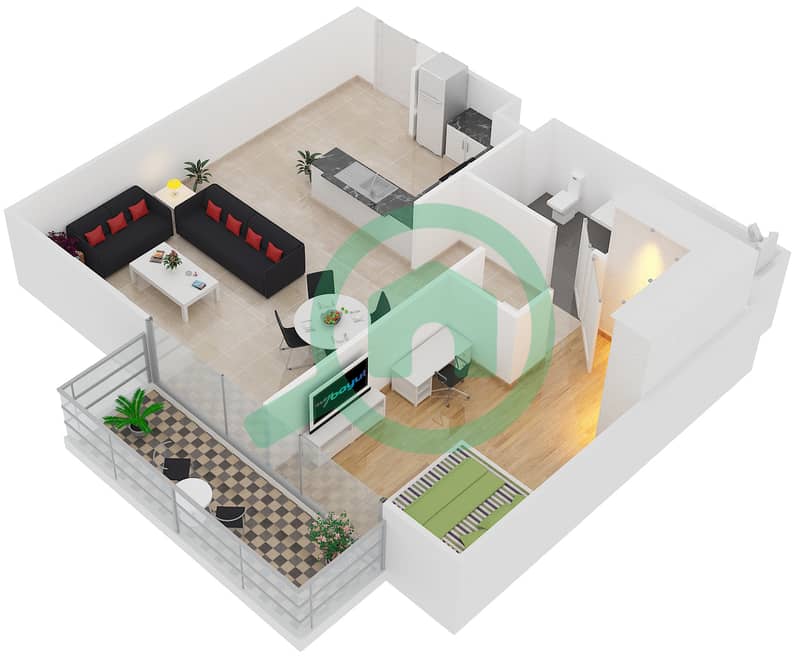 المخططات الطابقية لتصميم النموذج 5 شقة 1 غرفة نوم - بلجرافيا 3 interactive3D