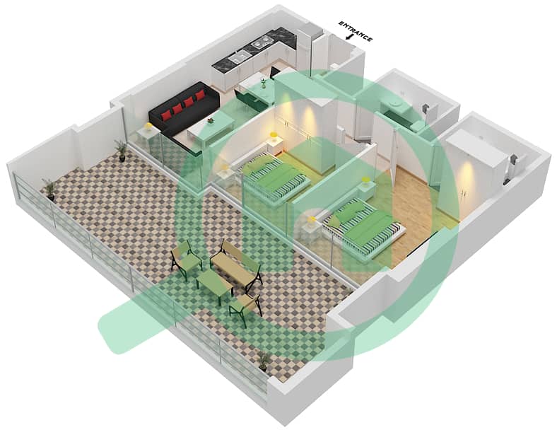Азизи Ривьера 38 - Апартамент 2 Cпальни планировка Тип/мера 1A/4 First Floor interactive3D