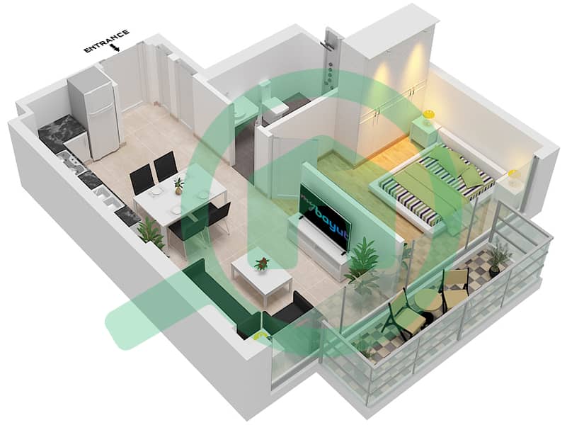 المخططات الطابقية لتصميم النموذج / الوحدة 3B/8 شقة 1 غرفة نوم - عزيزي ريفييرا 38 Floor 2-10 interactive3D
